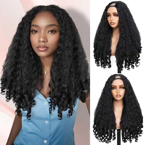 Geogroket Afro Curly V Part Wig Kinky Curly Wigs for Black Women 180% Density Wear and Go Glueless Wig with Unique Bouncy Curls in the End Synthetic Black No Leave out Clip in 24 Inch(#1B) - Image 1