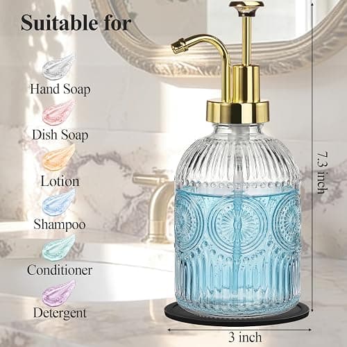SheeChung 12Oz Vintage Glass Bathroom Soap Dispenser, Kitchen Dish Soap Dispenser with Pump, Refillable Liquid Hand Soap Bottle, Lotion, Antique Rustic Farmhouse Decor (Clear-Gold Pump, 2 Pack) thumbnail 3