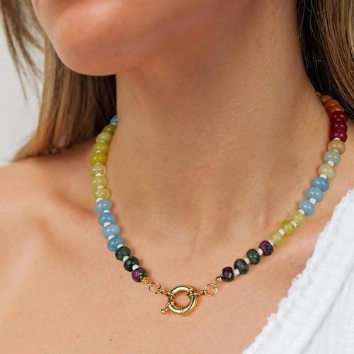 KissYan Beaded Gemstone Necklace for Women, Colorful Boho Bead Choker Natural Stone Surfer Beach Necklaces 14K Gold Plated Summer Handmade Jewelry thumbnail 4