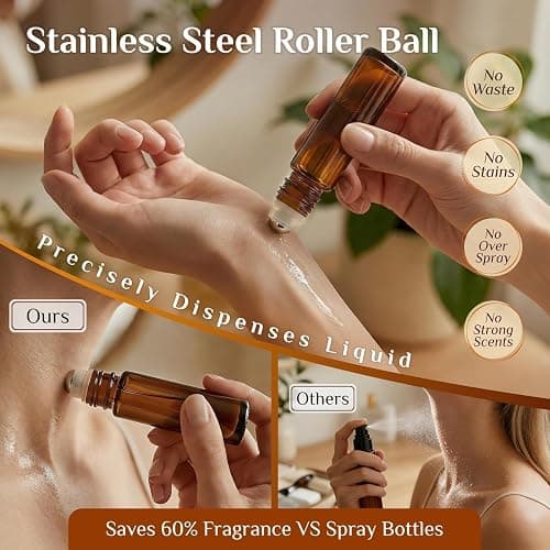 PrettyCare 60 Pack, 10 ml Essential Oil Roller Bottles with Stainless Steel Roller Ball - Bulk Refillable Leak-proof Empty Thick Amber Glass Roll on Bottles with Metal Caps for Travel, Perfume thumbnail 9