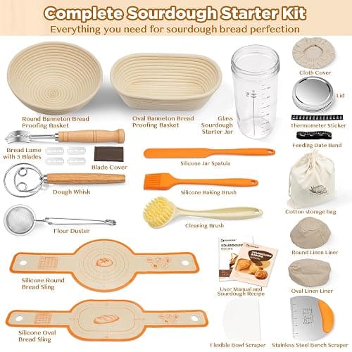 SORON Sourdough Starter Kit, Banneton Bread Proofing Basket with Glass Sour Dough Starter Jar, Sourdough Bread Baking Supplies Tools, 9" Round & 10" Oval Banneton Baskets, Gift Set for Homemade Making thumbnail 2