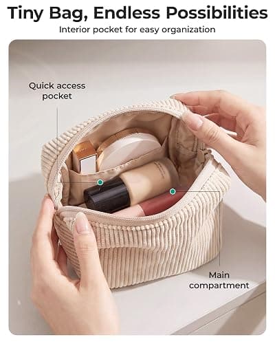 BAGSMART Small Corduroy Makeup Bag, Cosmetic Pouch for Women with Pocket | For Purse, Toiletry Pouch, Soft Mini Cosmetics Bag, Travel Essentials, Cute Make Up Pouch with Slip-in Pocket thumbnail 4