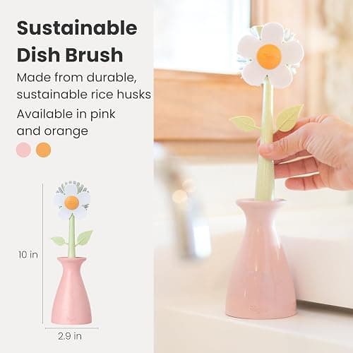 Vigar Florganic Daisy-Shaped Dish Brush with Vase Dish Brush Holder, Dish Brush with Handle, for Pot Scrubber, Kitchen Dishes, and Sink Cleaning, Pink thumbnail 3