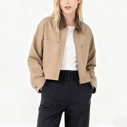 ⭐️⭐️⭐️ Zoziiee Womens Cropped Bomber Jacket Corduroy Collar Barn Coat Lightweight Utility Zip Up Cotton Canvas Workwear thumbnail 2