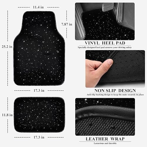 CAR PASS Black Car Floor Mats, Faux Fur Fluffy Carpet Full Set Bling Starry Sky Design Anti-Slip Universal for Girl Cute Women Automotive Cars, SUVs, Trucks, Vans, 4Pcs Black Fuzzy Plush Wool thumbnail 6