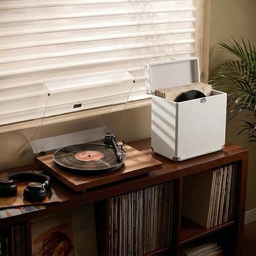Vinyl Record Storage Box – Lockable Leather Crate for 7 10 12 Inch Records (Leather White) thumbnail 6