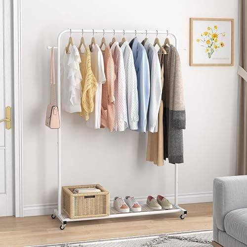 Sywhitta Clothing Rack on Wheels with Mesh Storage Shelf & Sturdy Metal Frame, Rolling Garment Rack for Hanging Clothes, Coats, Skirts, 39.76" L x 16" W x 64.56" H,White thumbnail 6