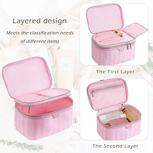 Lestikave Cute Pink & White Large Capacity Stripe Makeup Case with Compartments,Nylon Travel Essentials Coquette Cosmetic Bag, Toiletry Brush Bag With Handle and Divider for Women Girls (02Top Open) thumbnail 4
