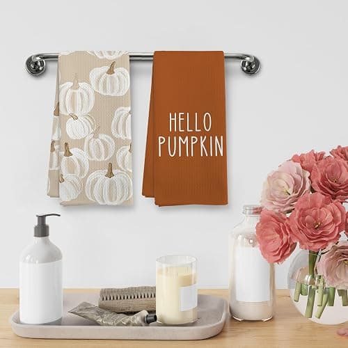 XNXLDYLH Fall Hello Pumpkin Kitchen Towels and Dishcloths Sets of 2, Fall Burnt Orange Beige White Pumpkin Decor Dish Hand Tea Towels Gifts for Bathroom Kitchen, Autumn Aesthetic Fall Decor, 16x24 in thumbnail 5
