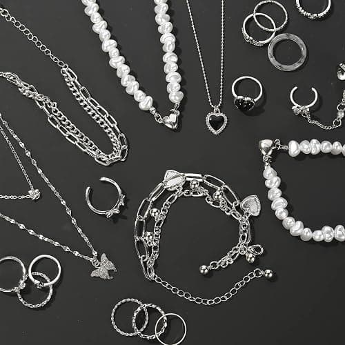 IFKM 36 PC Silver Plated Jewelry Set With 3 Necklace, 12 Bracelet, 7 Ear Cuffs Earring, 14 Knuckle Rings For Women Girls Valentine Anniversary Birthday Friendship Gift thumbnail 2