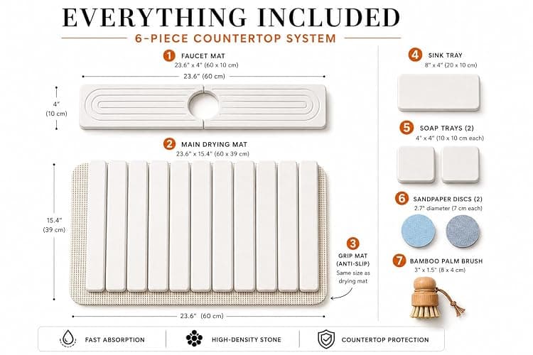 6-Pack Large Stone Dish Drying Mat for Kitchen Counter 23”x15” - Quick-Dry Absorbent Diatomaceous Earth Mat Set - Stone Faucet Mat 4"x23" + 3 Stone Trays 4"x8", 4"x4"+ Bamboo Palm Brush (White) thumbnail 2
