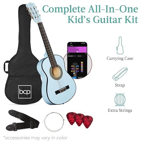 Best Choice Products 30in Kids Acoustic Guitar, All-in-One Beginner Starter Kit w/Strap, Case, Extra Strings, Rosette Inlay - Light Blue thumbnail 3