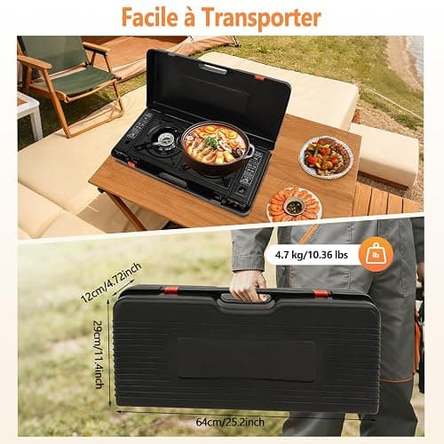 Réchaud à gaz portable 2 feux avec plateau de barbecue et mallette de rangement pour camping, voyage, randonnée, pique-nique, barbecue sur la terrasse et bien plus encore thumbnail 6
