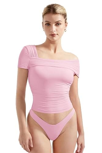 SUUKSESS Women One Off The Shoulder Summer Tank Tops Ruched Short Sleeve Shirts thumbnail 4