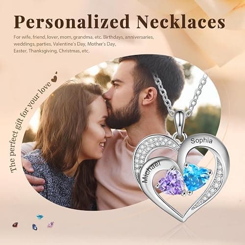 Sterling Silver Personalized 2 Names Necklace with 2 Heart Simulated Birthstone Couple Pendant Necklace for Women thumbnail 4