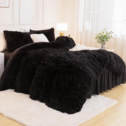 Andency Queen Comforter Set Black, Fluffy Winter Faux Fur Warm Soft Plush Bedding Comforter Set (1 Velvet Comforter & 2 Pillowcases), Fuzzy Thick Heavy Puffy Comforters Bed Set thumbnail 2