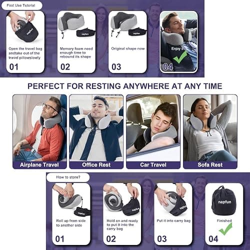 napfun Neck Pillow for Traveling, Upgraded Travel Neck Pillow for Airplane 100% Pure Memory Foam Travel Pillow for Flight Headrest Sleep, Portable Plane Accessories, Light Grey thumbnail 5