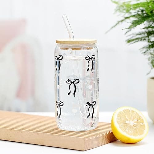Coquette Black Bow Aesthetic Cup With Gift Box 16oz Glass Cup with Lids Straws and Black Bow Iced Coffee Smoothie Cute Tumbler with Cleaning Brush for Girls Bestfriend Sister Girlfriend, Preppy Stuff thumbnail 5
