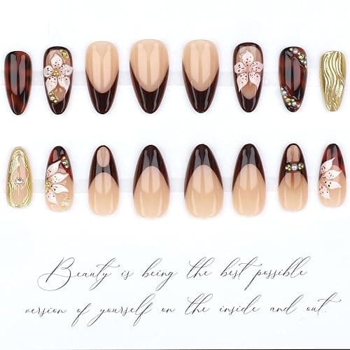 Auroriel 24 Pcs Moyen Amande Pression Sur Ongles Fleurs Marron Manucure Française 3D Or Structure Étoile Ongles Art Pour Ensemble D'Ongles Pour Femmes Manucure thumbnail 4
