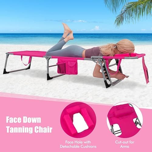Goplus Tanning Chair, Folding Adjustable Patio Lounge Chair with Face Hole, Removable Pillow, 330LBS, Carry Strap, Outdoor Sunbathing Chair, Lightweight Portable Beach Lounge Chair, No Assembly thumbnail 5