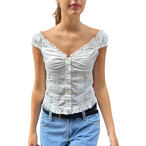 Women's Summer Button Down Crop Tops Cap Sleeve Y2k Slim Fitted Shirts Babydoll Coquette Tops Blouse - Image 1