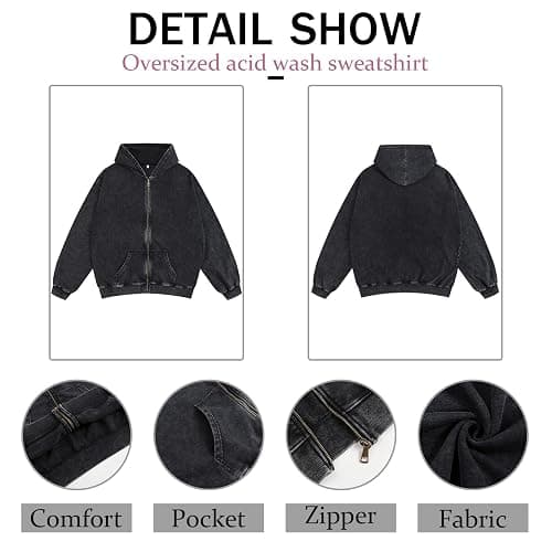 Pairxily Oversized Vintage Cotton Jacket Acid Wash Grunge Basic Zip Up Hoodie For Women Distressed Baggy Long Sleeve Tops thumbnail 6