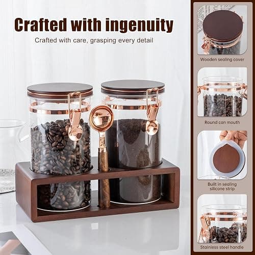 SIQOLNY Glass Coffee Container with Wooden Shelf, 2 x 40 FLOZ Coffee Bean Storage with Sealed Closure Clips and Copper Spoon, Kitchen Large Capacity Food Storage Jar, Ground Coffee Container thumbnail 4