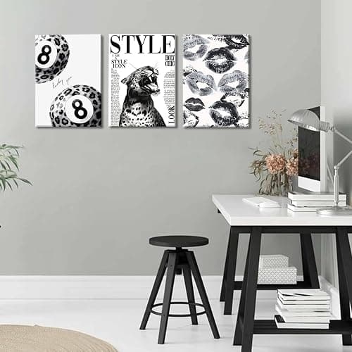 3Pcs Trendy Black and White Leopard Canvas Wall Art Fashion Lucky 8 Ball Lips Pictures Wall Decor Vintage Newspaper Cheetah Posters Prints for Bedroom Apartment Dorm 12x16in thumbnail 6