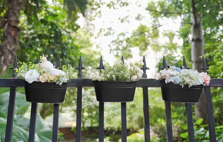 Dahey 10.5 Inch Metal Iron Hanging Flower Pots for Railing Fence Hanging Bucket Pots Countryside Style Window Flower Plant Holder with Detachable Hooks Home Decor,Black,3 Pcs thumbnail 2