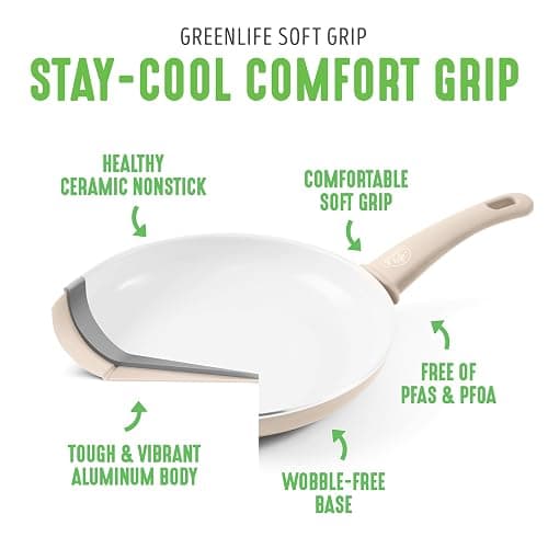 GreenLife 16 Piece Nonstick Cookware Set, Soft Grip Non-Toxic PFAS-Free Ceramic Pots & Pans, Dishwasher & Oven Safe, Frying, Sauce, Saute, Utensils, Glass Lids, Stay-Cool Handles, Wobble Free, Taupe thumbnail 5