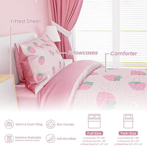 SANDJEST Strawberry Comforter Set Twin Size 68x86in for Kids Girls, Microfiber 3 Pcs Bedding Set Includes 1 Comforter, 1 Pillowcase, 1 Fitted Sheet, Nursery Room Decor thumbnail 3