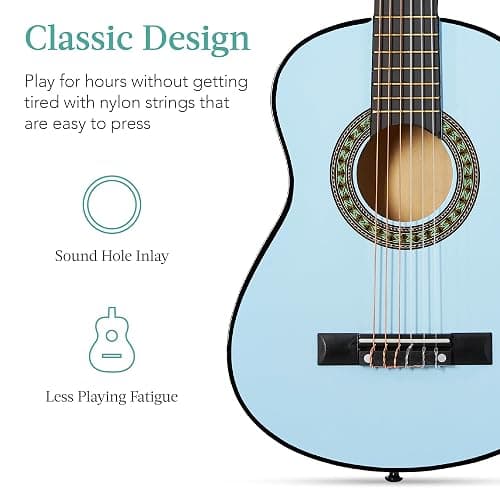 Best Choice Products 30in Kids Acoustic Guitar, All-in-One Beginner Starter Kit w/Strap, Case, Extra Strings, Rosette Inlay - Light Blue thumbnail 6