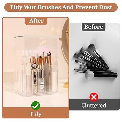LOHRYVIO Acrylic Makeup Brush Holder with Slanted Flip-Top Lid - Clear Dustproof Cosmetic Make up Brush Organizer and Storage Box - Large Capacity 17-Slots Container for Vanity Brushes (Transparent) thumbnail 5