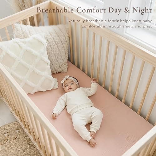 Konssy Muslin Crib Sheets for Girl Boy, 2 PCS Soft and Breathable Cotton Baby Sheets for Standard Crib Mattress, 52"x 28" (Floral, Pink) thumbnail 5