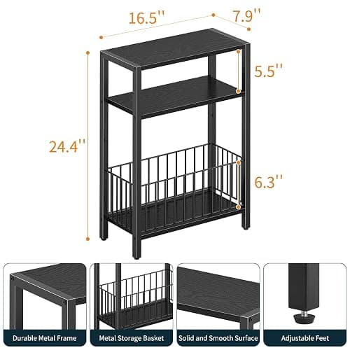 Yoobure Narrow Side Table with Storage Basket, Small End Table for Small Spaces, Skinny Side Tables Living Room Bedroom Office, Slim Nightstand 3 Tier Bedside Table Space-Saving for Magazine, Black thumbnail 3