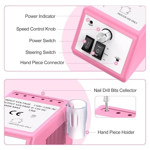 20000RPM Electric Nail Drill Professional Nail File Drill Acrylic Nails Kit for Manicure Gel Nail Polish Remover with 1 Pack of Sanding Bands(Pink) thumbnail 5