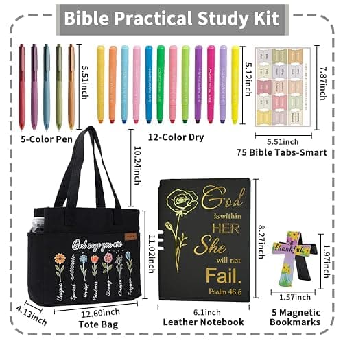 25 PCS Bible Study Supplies Kit, Large Capacity Canvas Tote Bag for Women Organizer, Bible Highlighters and Quick Dry Pens No Bleed Through, Notebook Bible Tabs Cross Bookmark Journaling Accessories thumbnail 2