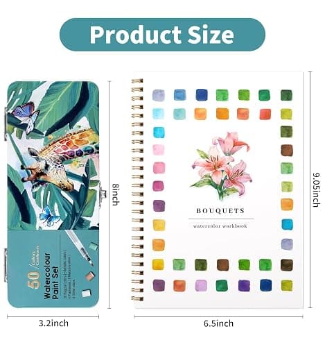 Watercolor Workbook, Water Coloring Book, 12 Different Patterns of Original DIY Designs, 50 Colors Watercolor Paint Set with Palette and Brush, Beginner-Friendly Watercolor Workbooks (Bouquets) thumbnail 2