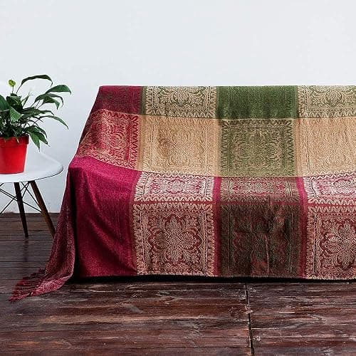 AIVIA Boho Sofa Couch Throw Blanket Futon Slipcover, Recliner Chair Throws Sofa Cover Colorful Chenille Woven Bohemian Decor - 60" x 75" Green Wine Red thumbnail 3