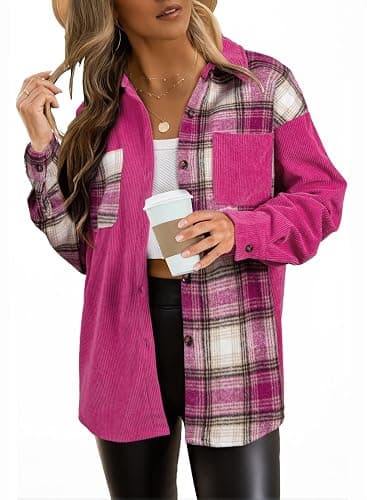 Astylish Womens Flannel Plaid Shirts Long Sleeve Button Down Shacket Color Block Blouse Tops thumbnail 3