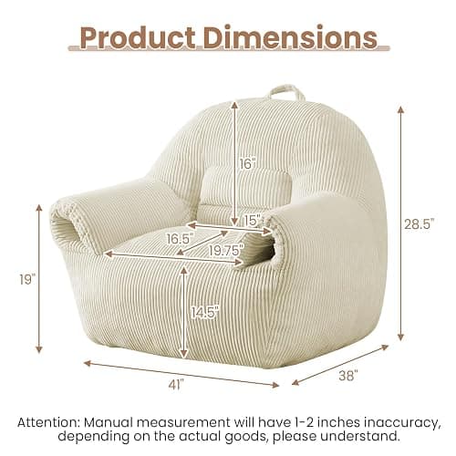 Peace nest Bean Bag Chair with Memory Foam Filled Ultra Soft Corduroy Cover for Adults Comfy Fur Bean Bag Chairs with Armrests for Bedroom Living Room Office Dorm Reading Beige thumbnail 2