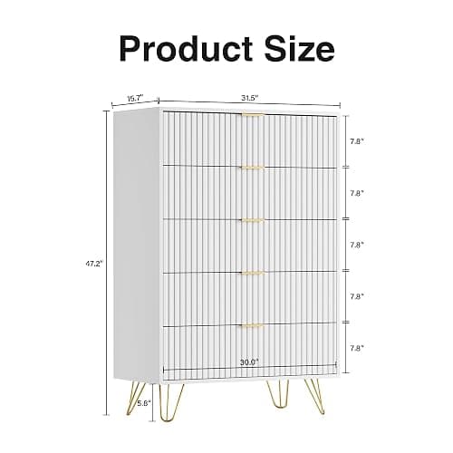 Furniway White Dresser for Bedroom, Fluted Modern Dresser with Gold Pulls and 5 Drawers, 15.7" D x 31.5" W x 47.2" H thumbnail 2