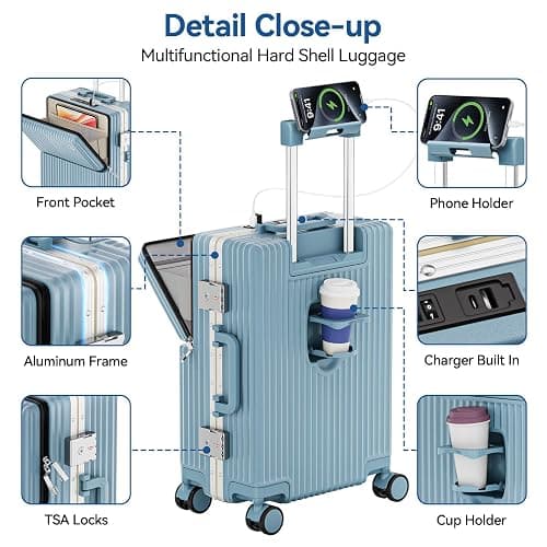 Carry On Luggage Front Pocket,Aluminum Frame Hardside Suitcase,GrayBlue | Zipperless Suitcase,22x14x9 Airline Approved,Cup and Phone Holder,USB Charger,Spinner Wheels,TSA Lock,Business Weekend Trips thumbnail 4