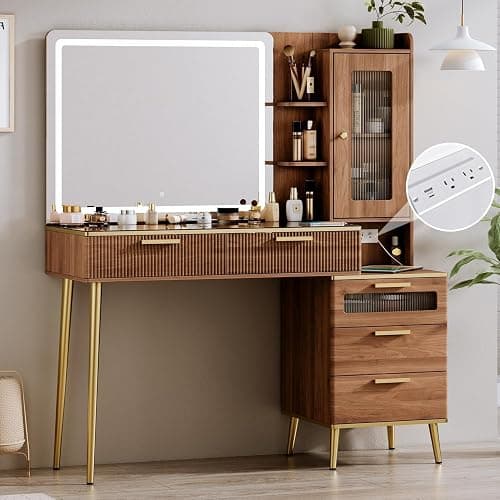 Chrangmay 47.24" Big Modern Vanity Desk with Mirror and Lights,Makeup Vanity Desk with 5 Drawers and Storage Shelves & Power Outlet,Dressing Table with Glass Top, Brown - Image 1
