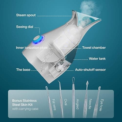 Pure Daily Care NanoSteamer Large 3-in-1 Nano Ionic Facial Steamer with Precise Temp Control - Humidifier - Unclogs Pores - Blackheads - Spa Quality - Bonus 5 Piece Stainless Steel Skin Kit (Teal) thumbnail 2