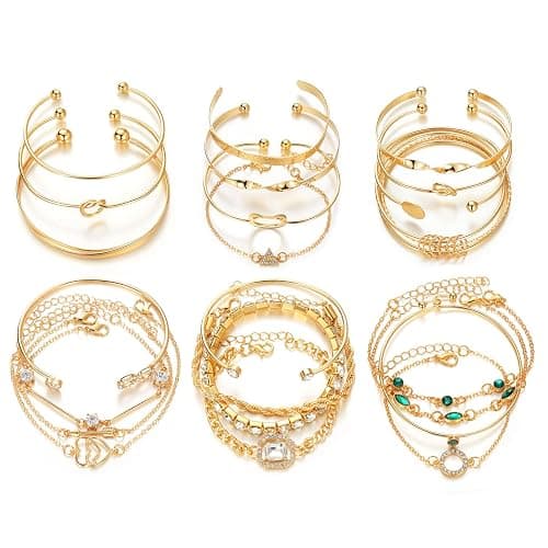 17VKL Gold Bangle Bracelets for Women, 14k Gold Plated Multi Layer Stackable Cuff Bracelets Set, Personalized Boho Non Tarnish Adjustable Bangle Jewelry Gift for Her - Image 1