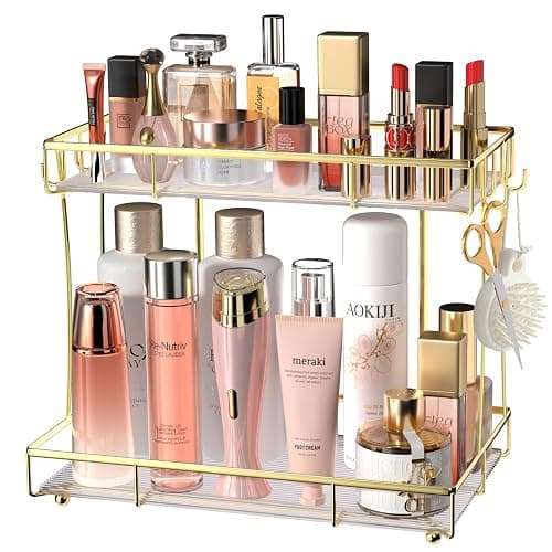 Megier Bathroom Organizer Countertop Perfume Organizer Makeup Organizer Cosmetics Storage Display Rack Vanity Tray Dresser Steel Gold Shelf Transparency Wavy Acrylic Tray (2 Tier Golden) - Image 1