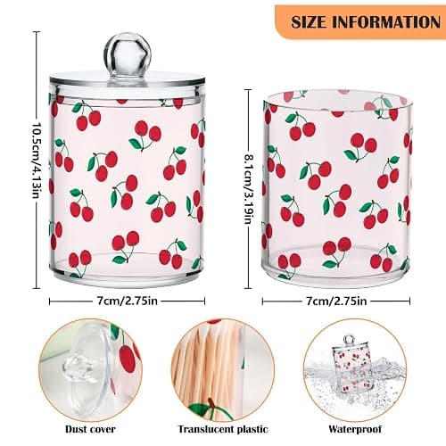 Bulletgxll Apothecary Jar with Lids 2 Pack Cute Cherry Fruit Qtip Holder Clear Plastic Containers Bathroom Vanity Countertop Organizer for Cotton Swabs, Cosmetic Pads, Sponges, Flossers thumbnail 3