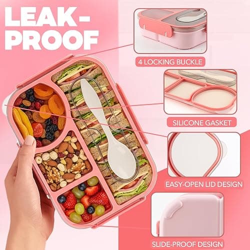 YANLIFY Bento Box for Adults,4 Compartments Lunch Box, Snack Containers Reusable Lunch Containers Drop-Proof, Dishwasher Safe & Made with BPA-Free Materials, Pink thumbnail 4