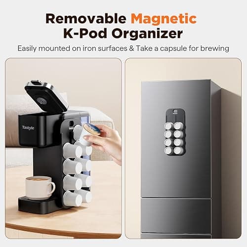 Tastyle Hot & Iced Coffee Maker with Magnetic K-Pod Holder, Fits 7.3'' Mug | Stores 10 Pods, for K Cup & Grounds, Compact for Home, Office & RV, Brew 6-24oz Coffee, 40 oz Removable Tank, K330CH, Black thumbnail 4